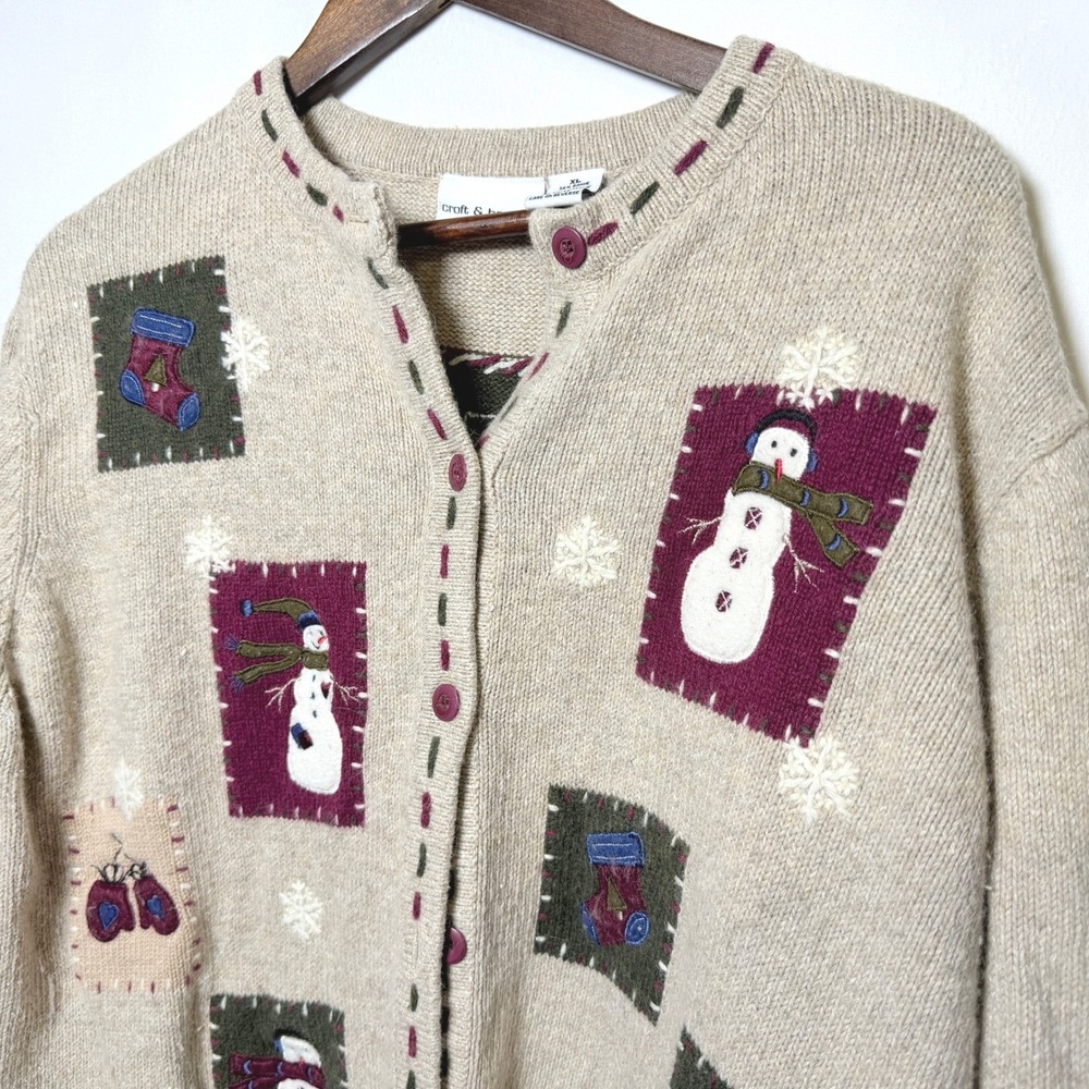 Croft & Barrow Snowman Holiday Cardigan Sweater XL Beige Ramie Wool Blend